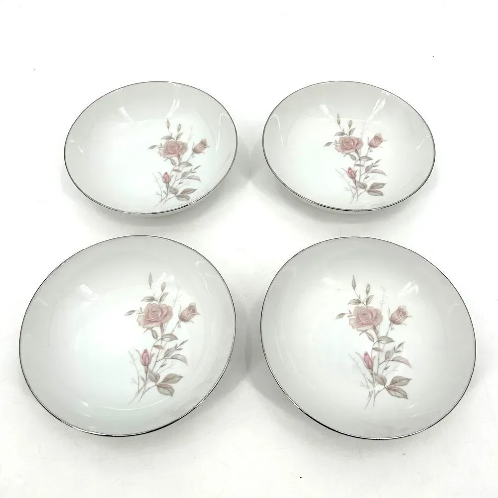 FINE CHINA JAPAN Set of 4 Vintage Laura Cereal Bowl White Floral Platinum Trim